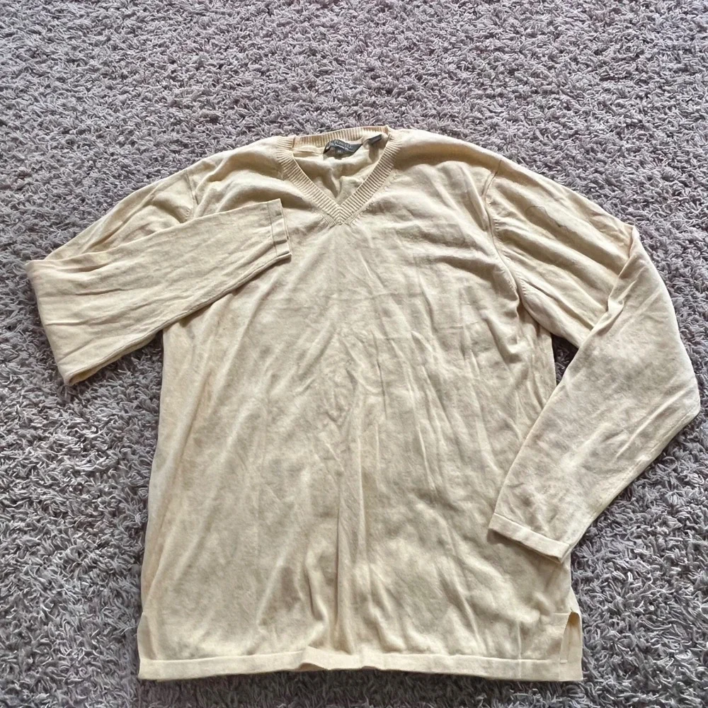 JL Powell Mens V-Neck Sweater M Pale Yellow Long Sleeve Sporting Life Pullover